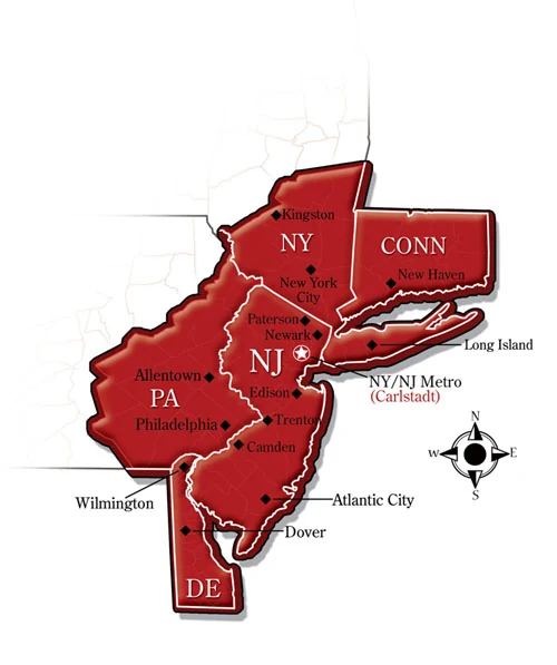 Map showing AtlanticCold coverage across New York, New Jersey, Pennsylvania, and Connecticut