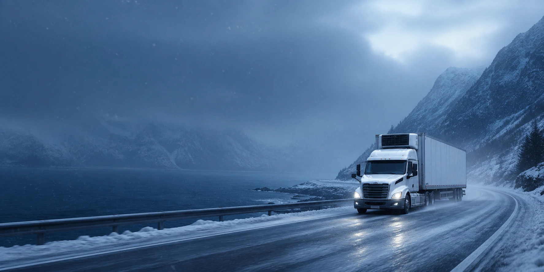 Refrigerated truck travelling on a snowy mountain road